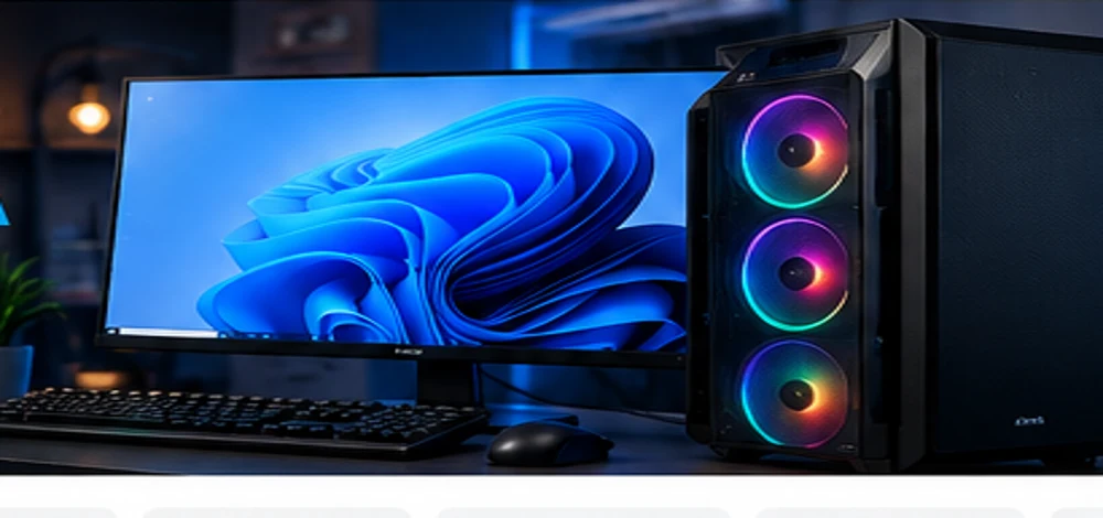 Computador desktop com monitor e gabinete iluminado